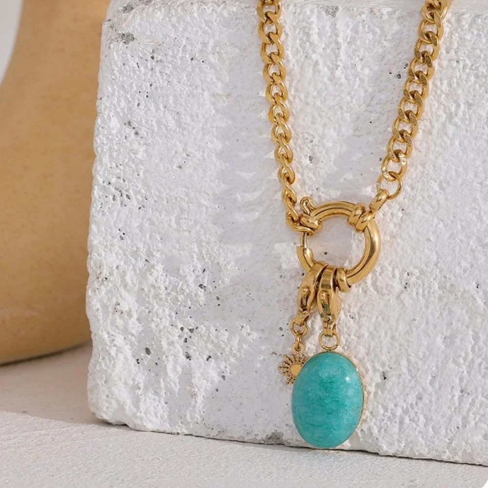 NEW 18K Gold Plated Oval Turquoise Circle Link Chain Necklace